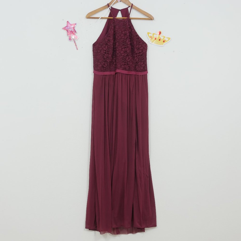 Davids Bridal Wine Lace Sleeveless Slit Skirt Gown